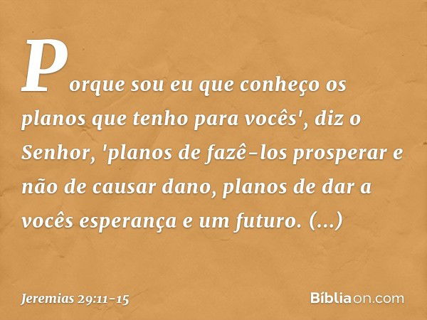 Porque sou eu que conheço os planos que tenho para vocês', diz o Senhor, 'planos de fazê-los prosperar e não de causar dano, planos de dar a vocês esperança e u