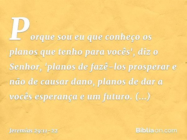 Porque sou eu que conheço os planos que tenho para vocês', diz o Senhor, 'planos de fazê-los prosperar e não de causar dano, planos de dar a vocês esperança e u