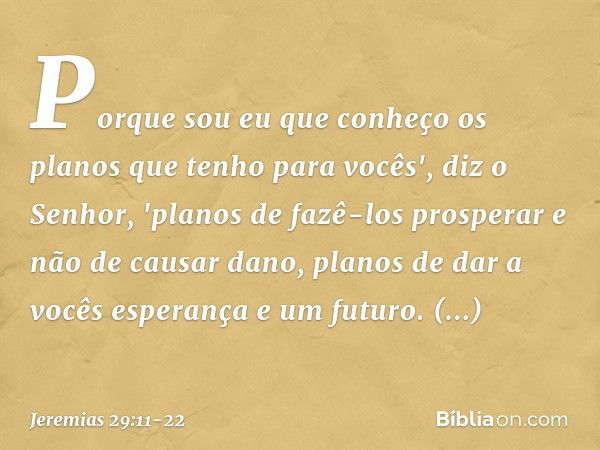 Porque sou eu que conheço os planos que tenho para vocês', diz o Senhor, 'planos de fazê-los prosperar e não de causar dano, planos de dar a vocês esperança e u