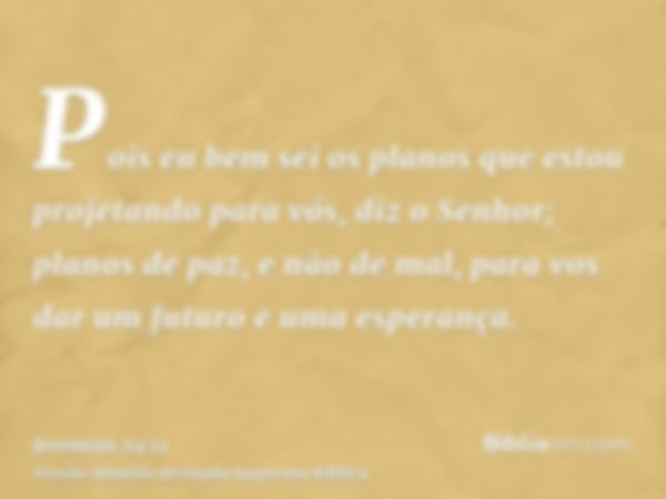 Pois eu bem sei os planos que estou projetando para vós, diz o Senhor; planos de paz, e não de mal, para vos dar um futuro e uma esperança.