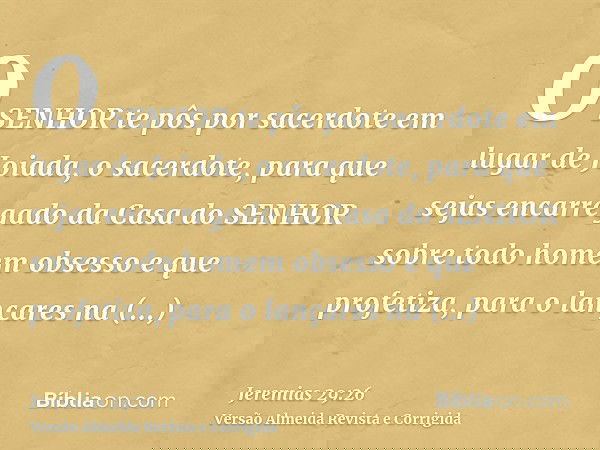 O SENHOR te pôs por sacerdote em lugar de Joiada, o sacerdote, para que sejas encarregado da Casa do SENHOR sobre todo homem obsesso e que profetiza, para o lan