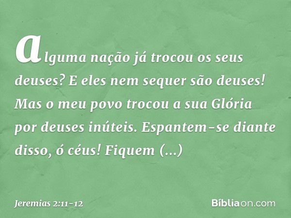 alguma nação já trocou
os seus deuses?
E eles nem sequer são deuses!
Mas o meu povo trocou a sua Glória
por deuses inúteis. Espantem-se diante disso, ó céus!
Fi