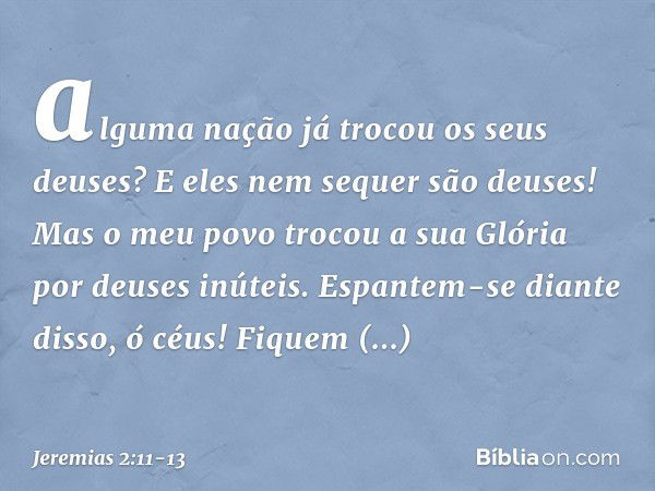 alguma nação já trocou
os seus deuses?
E eles nem sequer são deuses!
Mas o meu povo trocou a sua Glória
por deuses inúteis. Espantem-se diante disso, ó céus!
Fi