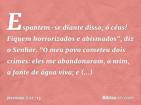 Espantem-se diante disso, ó céus!
Fiquem horrorizados e abismados",
diz o Senhor. "O meu povo cometeu dois crimes:
eles me abandonaram,
a mim, a fonte de água v