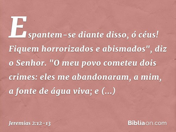 Espantem-se diante disso, ó céus!
Fiquem horrorizados e abismados",
diz o Senhor. "O meu povo cometeu dois crimes:
eles me abandonaram,
a mim, a fonte de água v