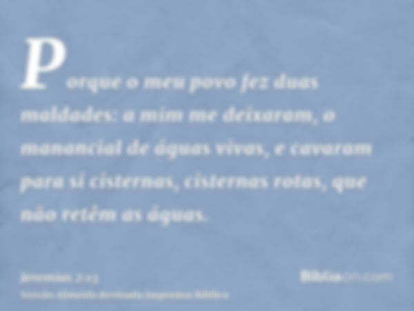 Porque o meu povo fez duas maldades: a mim me deixaram, o manancial de águas vivas, e cavaram para si cisternas, cisternas rotas, que não retêm as águas.