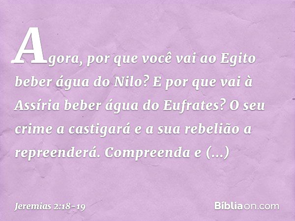 Agora, por que você vai ao Egito
beber água do Nilo?
E por que vai à Assíria
beber água do Eufrates? O seu crime a castigará
e a sua rebelião a repreenderá.
Com