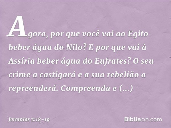 Agora, por que você vai ao Egito
beber água do Nilo?
E por que vai à Assíria
beber água do Eufrates? O seu crime a castigará
e a sua rebelião a repreenderá.
Com