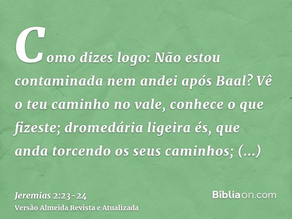 Como dizes logo: Não estou contaminada nem andei após Baal? Vê o teu caminho no vale, conhece o que fizeste; dromedária ligeira és, que anda torcendo os seus ca