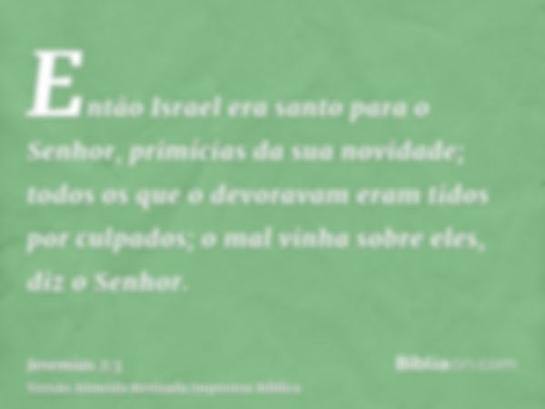 Então Israel era santo para o Senhor, primícias da sua novidade; todos os que o devoravam eram tidos por culpados; o mal vinha sobre eles, diz o Senhor.