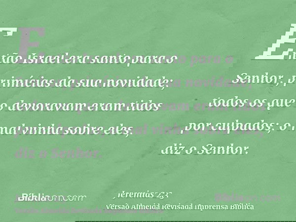 Então Israel era santo para o Senhor, primícias da sua novidade; todos os que o devoravam eram tidos por culpados; o mal vinha sobre eles, diz o Senhor.