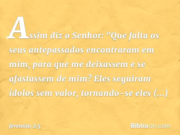 Assim diz o Senhor:
"Que falta os seus antepassados
encontraram em mim,
para que me deixassem
e se afastassem de mim?
Eles seguiram ídolos sem valor,
tornando-s