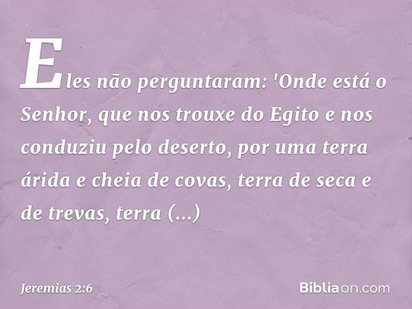 Eles não perguntaram:
'Onde está o Senhor,
que nos trouxe do Egito
e nos conduziu pelo deserto,
por uma terra árida e cheia de covas,
terra de seca e de trevas,