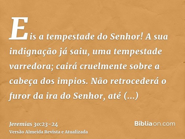 Eis a tempestade do Senhor! A sua indignação já saiu, uma tempestade varredora; cairá cruelmente sobre a cabeça dos impios.Não retrocederá o furor da ira do Sen