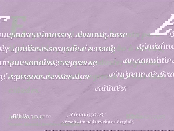 Ergue para ti marcos, levanta para ti pirâmides, aplica o coração à vereda, ao caminho em que andaste; regressa, ó virgem de Israel, regressa a estas tuas cidad
