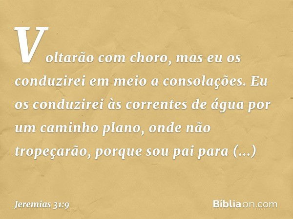 Voltarão com choro,
mas eu os conduzirei
em meio a consolações.
Eu os conduzirei às correntes de água
por um caminho plano,
onde não tropeçarão,
porque sou pai 