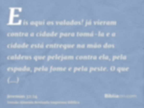 Eis aqui os valados! já vieram contra a cidade para tomá-la e a cidade está entregue na mão dos caldeus que pelejam contra ela, pela espada, pela fome e pela pe