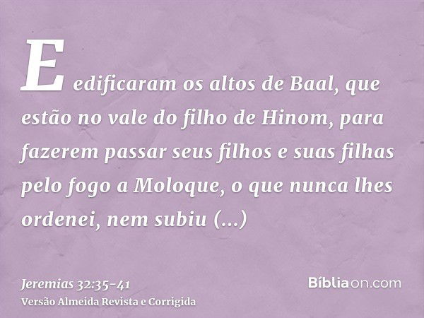 E edificaram os altos de Baal, que estão no vale do filho de Hinom, para fazerem passar seus filhos e suas filhas pelo fogo a Moloque, o que nunca lhes ordenei,