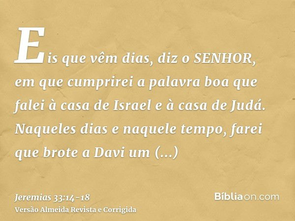 Eis que vêm dias, diz o SENHOR, em que cumprirei a palavra boa que falei à casa de Israel e à casa de Judá.Naqueles dias e naquele tempo, farei que brote a Davi