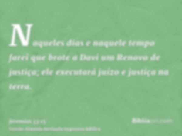 Naqueles dias e naquele tempo farei que brote a Davi um Renovo de justiça; ele executará juízo e justiça na terra.