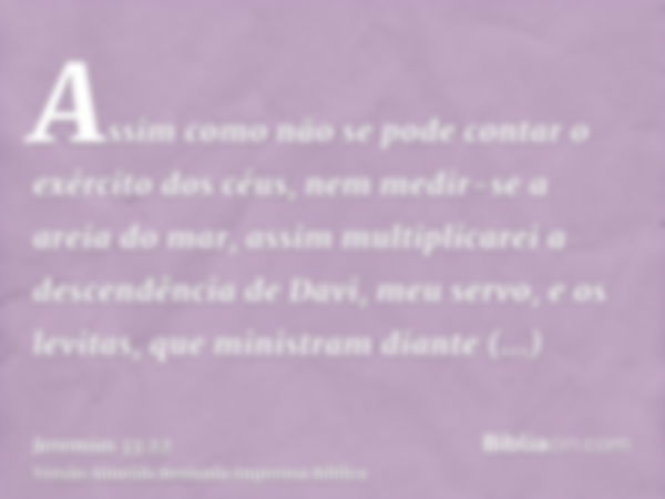 Assim como não se pode contar o exército dos céus, nem medir-se a areia do mar, assim multiplicarei a descendência de Davi, meu servo, e os levitas, que ministr