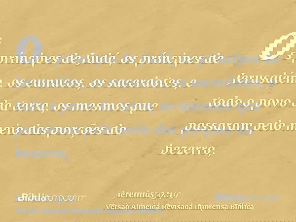 os príncipes de Judá, os príncipes de Jerusalém, os eunucos, os sacerdotes, e todo o povo da terra, os mesmos que passaram pelo meio das porções do bezerro,