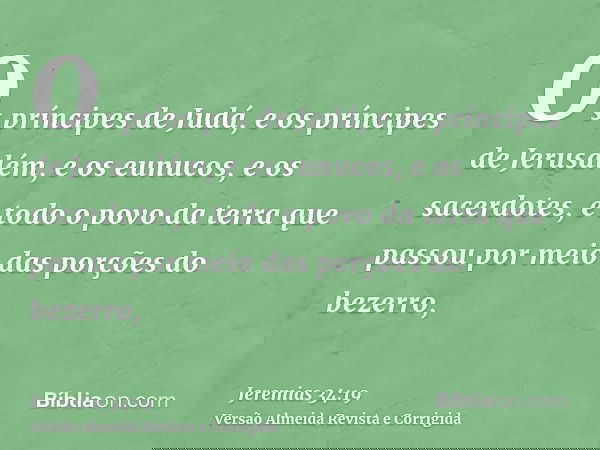 Os príncipes de Judá, e os príncipes de Jerusalém, e os eunucos, e os sacerdotes, e todo o povo da terra que passou por meio das porções do bezerro,