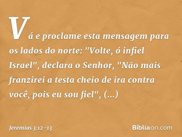 Vá e proclame esta mensagem para os lados do norte:
"Volte, ó infiel Israel",
declara o Senhor,
"Não mais franzirei a testa
cheio de ira contra você,
pois eu so