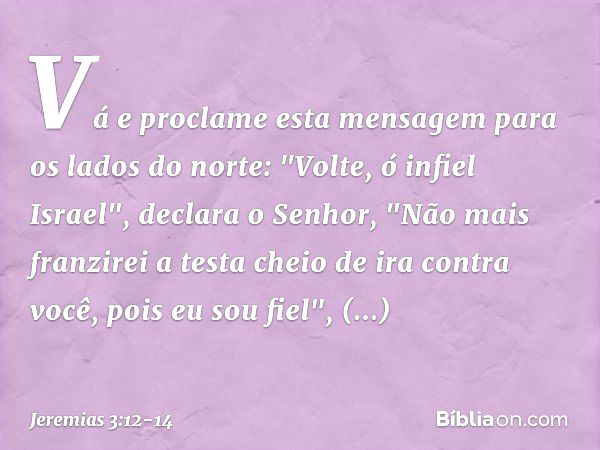 Vá e proclame esta mensagem para os lados do norte:
"Volte, ó infiel Israel",
declara o Senhor,
"Não mais franzirei a testa
cheio de ira contra você,
pois eu so