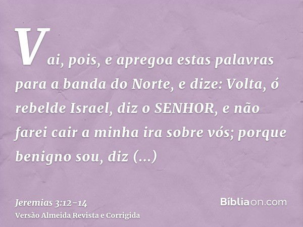 Vai, pois, e apregoa estas palavras para a banda do Norte, e dize: Volta, ó rebelde Israel, diz o SENHOR, e não farei cair a minha ira sobre vós; porque benigno