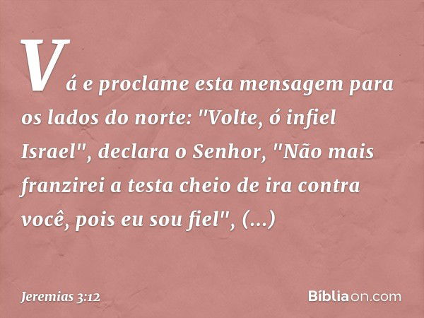 Vá e proclame esta mensagem para os lados do norte:
"Volte, ó infiel Israel",
declara o Senhor,
"Não mais franzirei a testa
cheio de ira contra você,
pois eu so