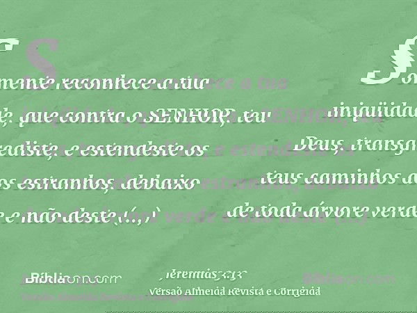 Somente reconhece a tua iniqüidade, que contra o SENHOR, teu Deus, transgrediste, e estendeste os teus caminhos aos estranhos, debaixo de toda árvore verde e nã