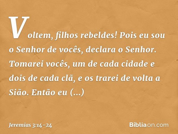 "Voltem, filhos rebeldes! Pois eu sou o Senhor de vocês", declara o Senhor. "Tomarei vocês, um de cada cidade e dois de cada clã, e os trarei de volta a Sião. E