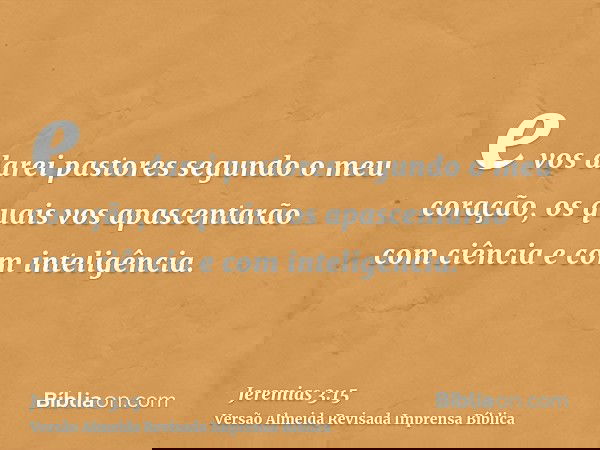 e vos darei pastores segundo o meu coração, os quais vos apascentarão com ciência e com inteligência.