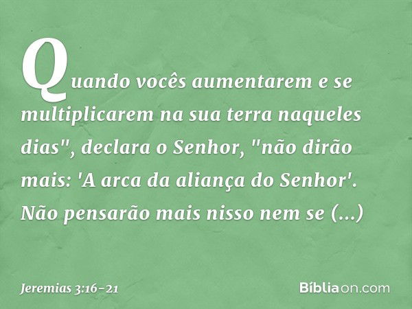 Quando vocês aumentarem e se multiplicarem na sua terra naqueles dias", declara o Senhor, "não dirão mais: 'A arca da aliança do Senhor'. Não pensarão mais niss