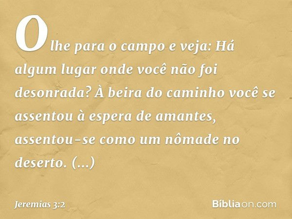 "Olhe para o campo e veja:
Há algum lugar
onde você não foi desonrada?
À beira do caminho você se assentou
à espera de amantes,
assentou-se como um nômade
no de