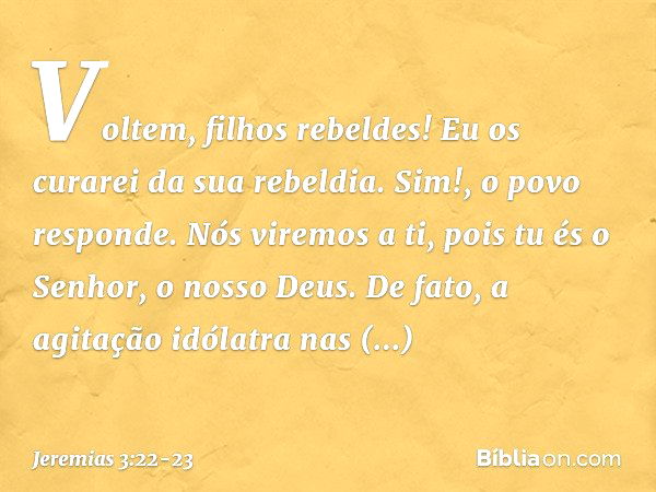 "Voltem, filhos rebeldes!
Eu os curarei da sua rebeldia".
"Sim!", o povo responde.
"Nós viremos a ti,
pois tu és o Senhor, o nosso Deus. De fato, a agitação idó