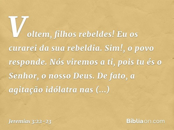 "Voltem, filhos rebeldes!
Eu os curarei da sua rebeldia".
"Sim!", o povo responde.
"Nós viremos a ti,
pois tu és o Senhor, o nosso Deus. De fato, a agitação idó