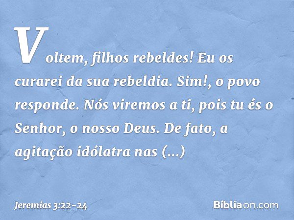 "Voltem, filhos rebeldes!
Eu os curarei da sua rebeldia".
"Sim!", o povo responde.
"Nós viremos a ti,
pois tu és o Senhor, o nosso Deus. De fato, a agitação idó