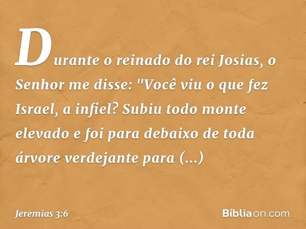 Durante o reinado do rei Josias, o Senhor me disse: "Você viu o que fez Israel, a infiel? Subiu todo monte elevado e foi para debaixo de toda árvore verdejante 