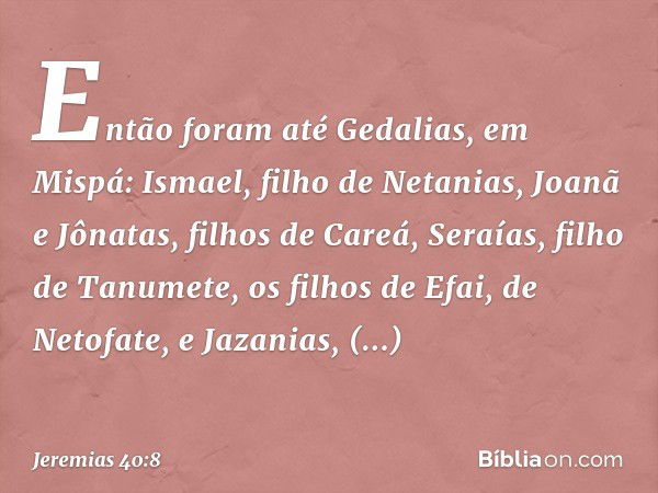 Então foram até Gedalias, em Mispá: Ismael, filho de Netanias, Joanã e Jôna­tas, filhos de Careá, Seraías, filho de Tanumete, os filhos de Efai, de Netofate, e 