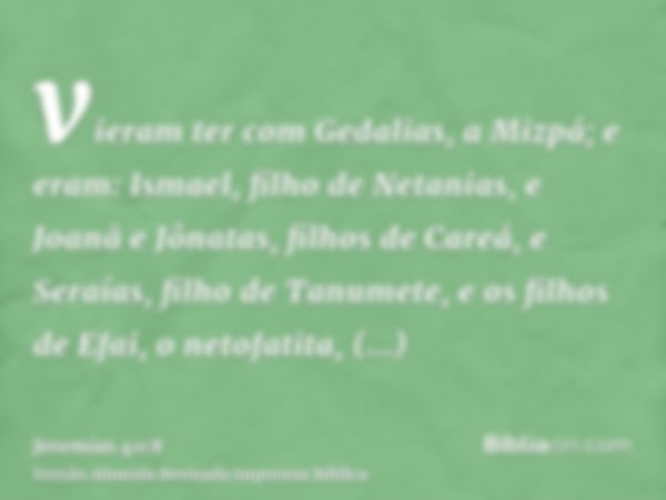 vieram ter com Gedalias, a Mizpá; e eram: Ismael, filho de Netanias, e Joanã e Jônatas, filhos de Careá, e Seraías, filho de Tanumete, e os filhos de Efai, o ne