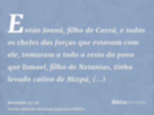 Então Joanã, filho de Careá, e todos os chefes das forças que estavam com ele, tomaram a todo o resto do povo que Ismael, filho de Netanias, tinha levado cativo