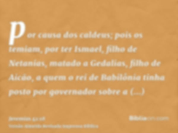 por causa dos caldeus; pois os temiam, por ter Ismael, filho de Netanias, matado a Gedalias, filho de Aicão, a quem o rei de Babilônia tinha posto por governado