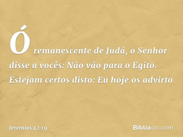 "Ó remanescente de Judá, o Senhor disse a vocês: 'Não vão para o Egito'. Estejam certos disto: Eu hoje os advirto -- Jeremias 42:19