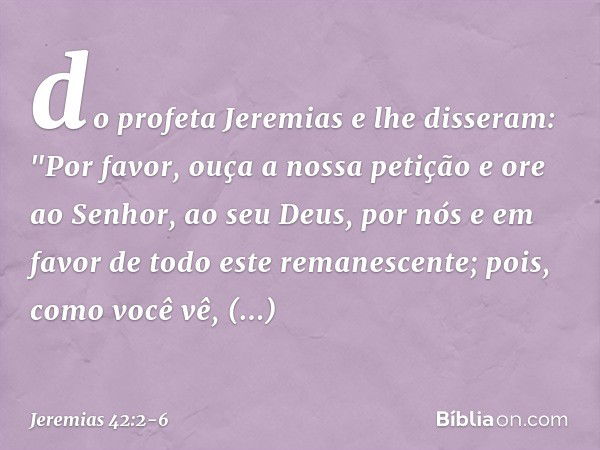 do profeta Jeremias e lhe disseram: "Por favor, ouça a nossa petição e ore ao Senhor, ao seu Deus, por nós e em favor de todo este remanescente; pois, como você