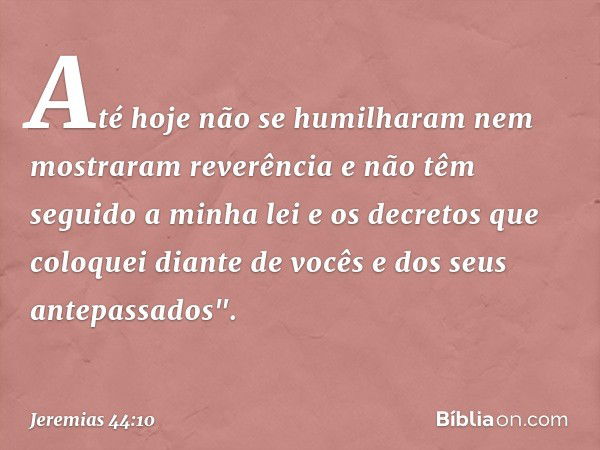 Até hoje não se humilharam nem mostraram reverência e não têm seguido a minha lei e os decretos que colo­quei diante de vocês e dos seus antepassados". -- Jerem