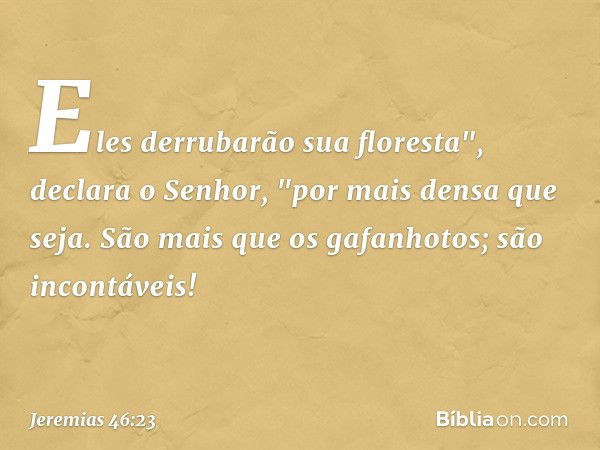 Eles derrubarão sua floresta",
declara o Senhor,
"por mais densa que seja.
São mais que os gafanhotos;
são incontáveis! -- Jeremias 46:23