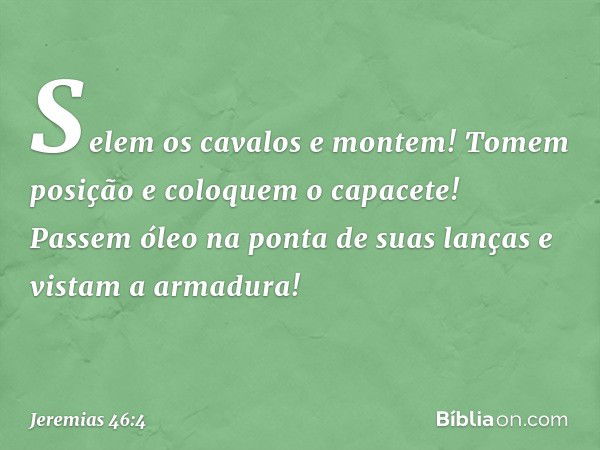 Selem os cavalos e montem!
Tomem posição e coloquem o capacete!
Passem óleo na ponta de suas lanças
e vistam a armadura! -- Jeremias 46:4