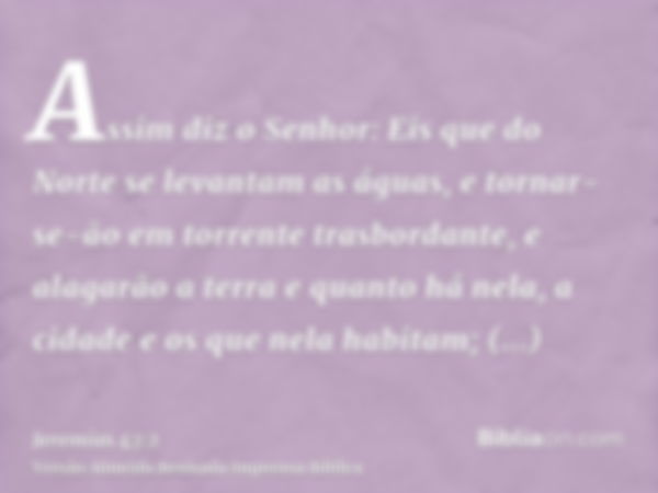 Assim diz o Senhor: Eis que do Norte se levantam as águas, e tornar-se-ão em torrente trasbordante, e alagarão a terra e quanto há nela, a cidade e os que nela 